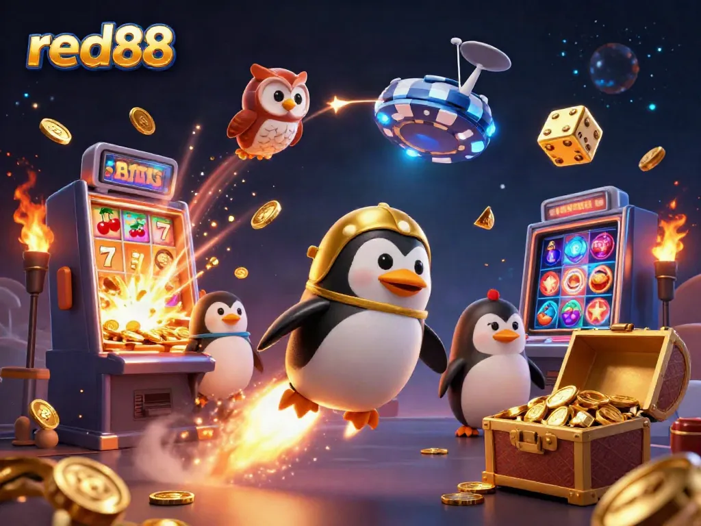 Experience the excitement of red88 with a dynamic 3D casino adventure featuring slot machines and golden treasures!