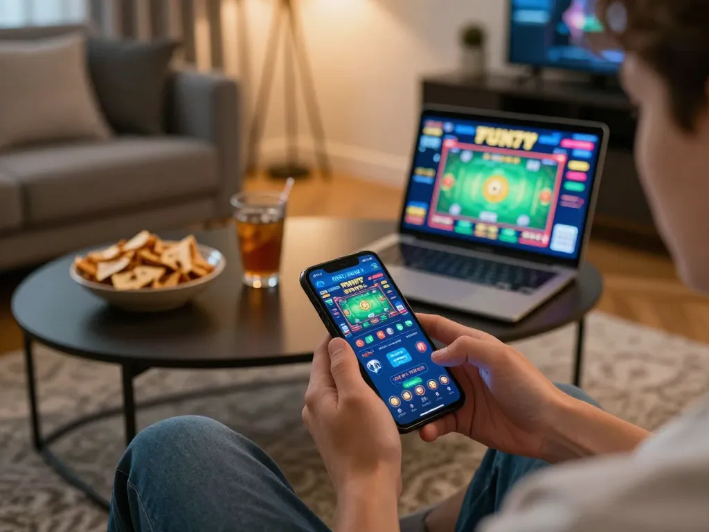 Enjoying FUN79 app entertainment on a smartphone in a cozy living room setting