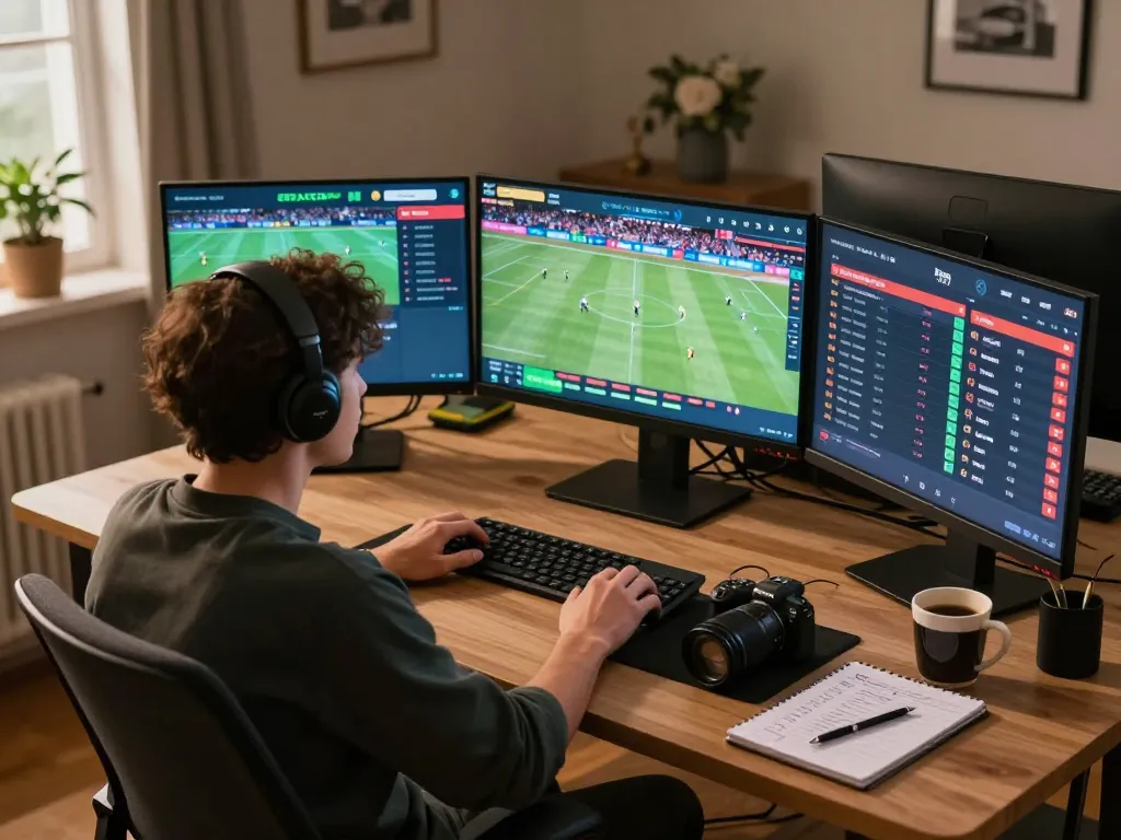 Person engaging in sports betting on multiple screens at home, showcasing O8 betting strategies.