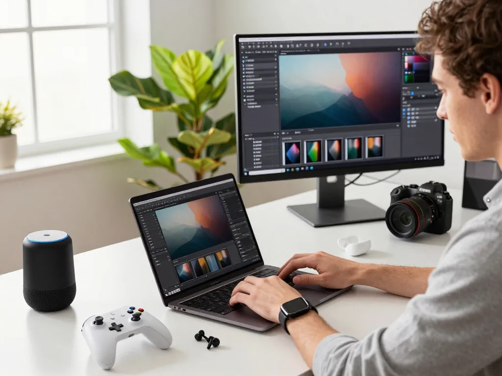 Workspace showcasing trending tech gadgets including a laptop and modern Bluetooth devices.