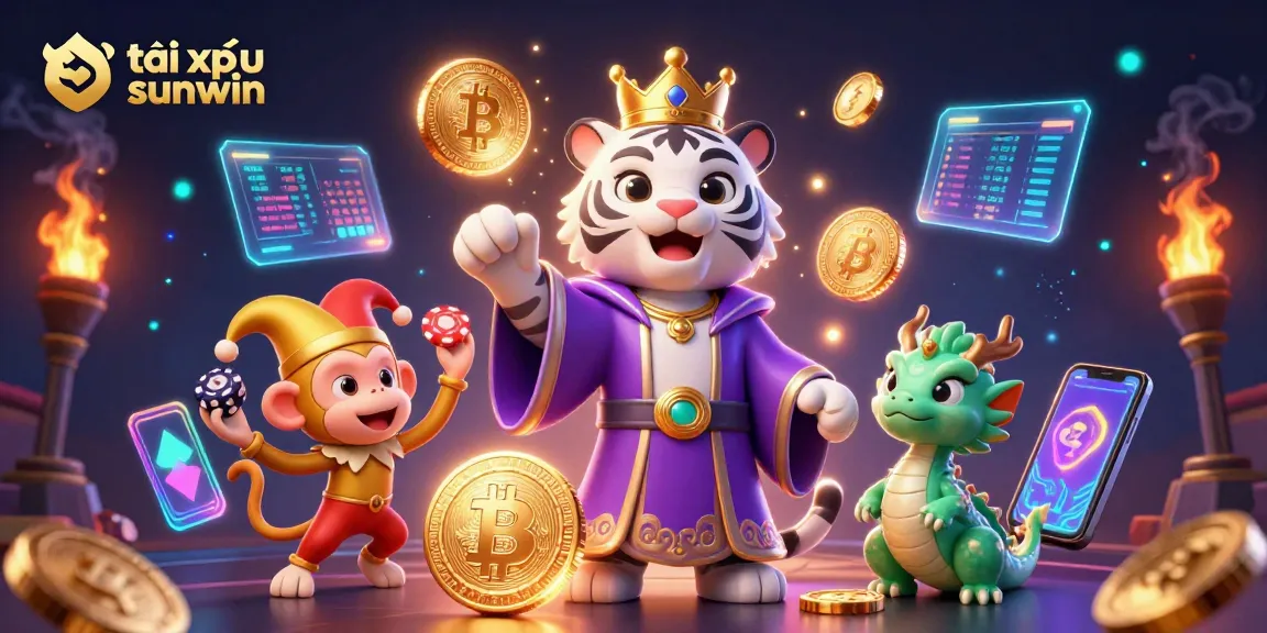 Engage with tài xỉu sunwin through a vibrant 3D casino illustration showcasing a playful gambling scene.