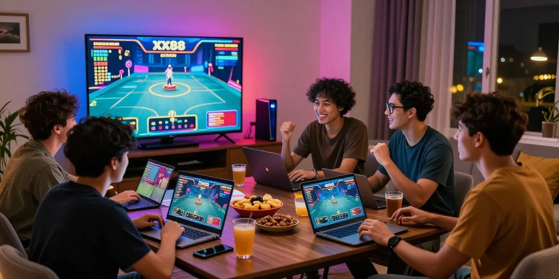 Friends enjoying an exciting gaming night on XX88 with live-streamed games and colorful atmosphere.