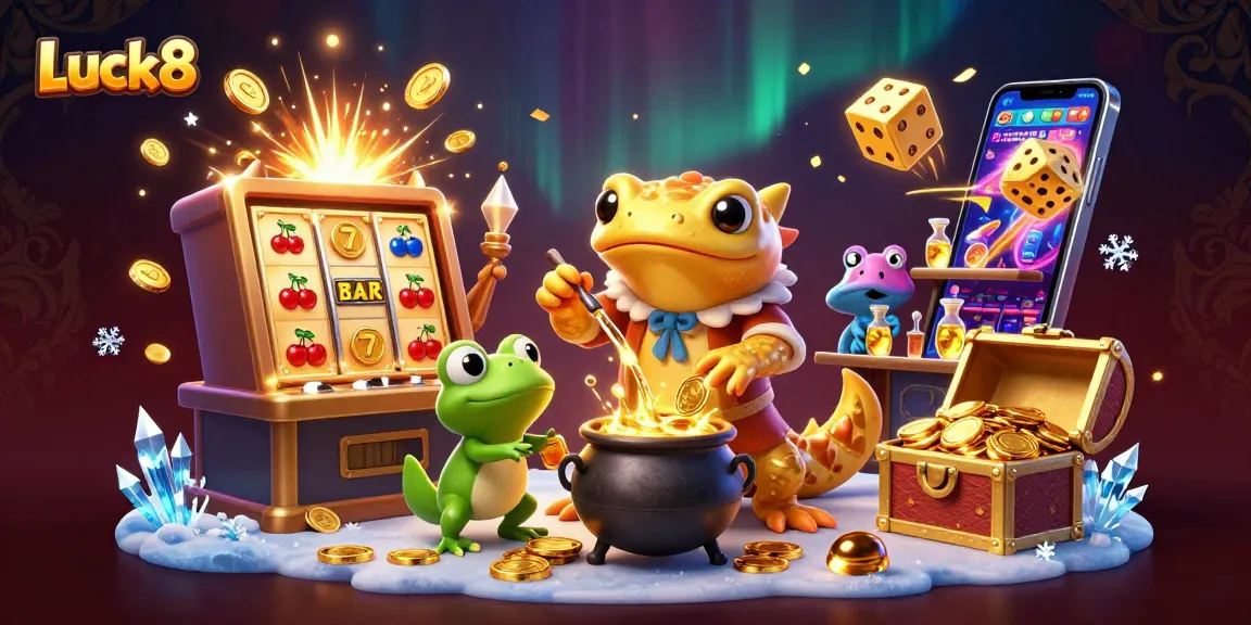 Engage with Luck8's thrilling gameplay, featuring a giant golden salamander alchemist and lively casino elements.