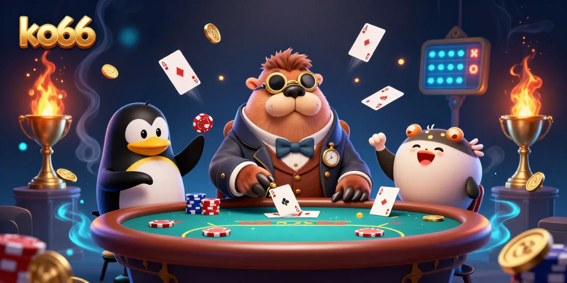 Enjoy a high-stakes poker game with ko66 featuring a jolly walrus and a sophisticated dealer.