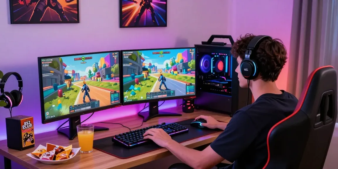 Engaged gamer playing B52 game on high-end PC with RGB lighting and dynamic graphics.