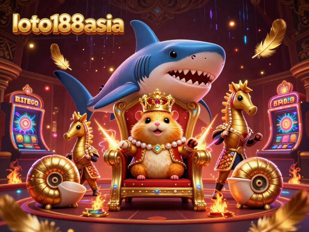 Engage with loto188asia's immersive gaming world, featuring a golden hamster king amidst a lively casino.
