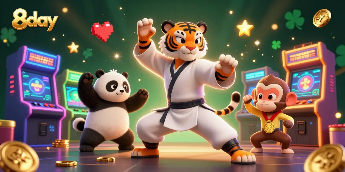 Engaging scene showcasing 8day's vibrant casino world with cartoon characters participating in a playful gambling adventure.