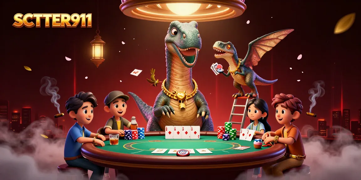Experience SCATTER911 thrills with playful characters at a vibrant poker table.