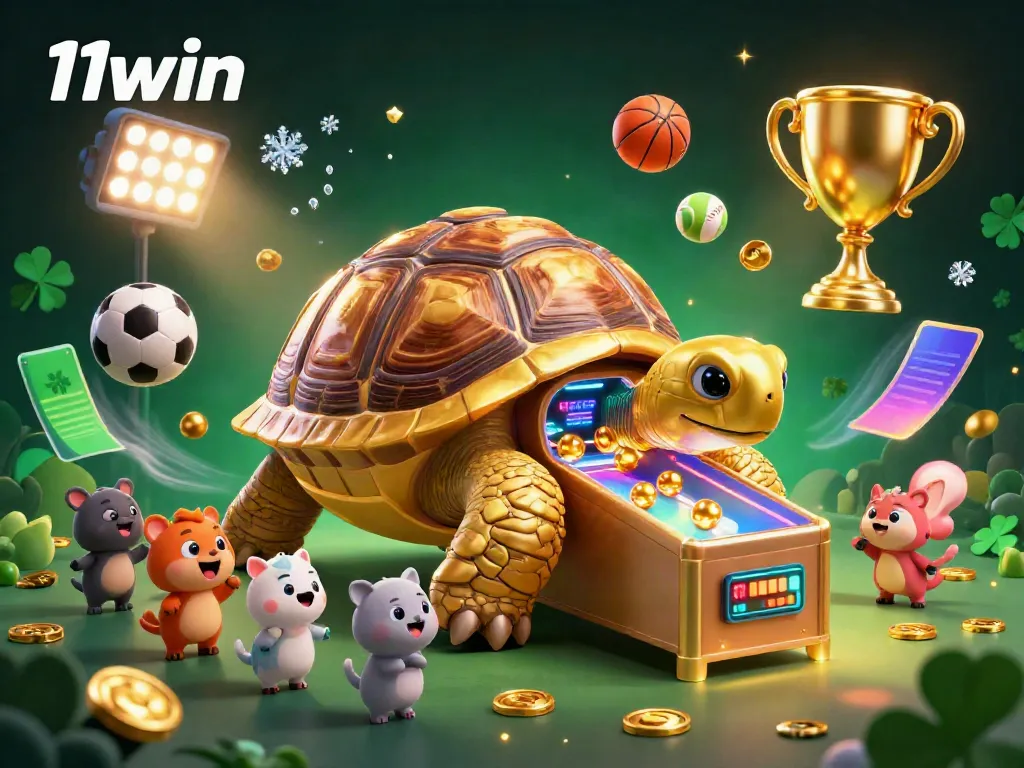 Engage in thrilling gameplay at 11win with a vibrant illustration showcasing a golden tortoise pinball machine amidst dynamic sports elements.