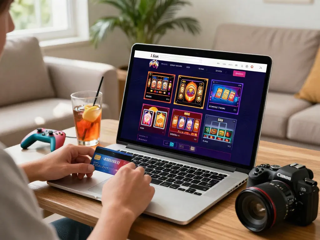 Engaging scene of a player at a credit card casino with a laptop displaying vibrant games, symbolizing fast payments and an inviting atmosphere.