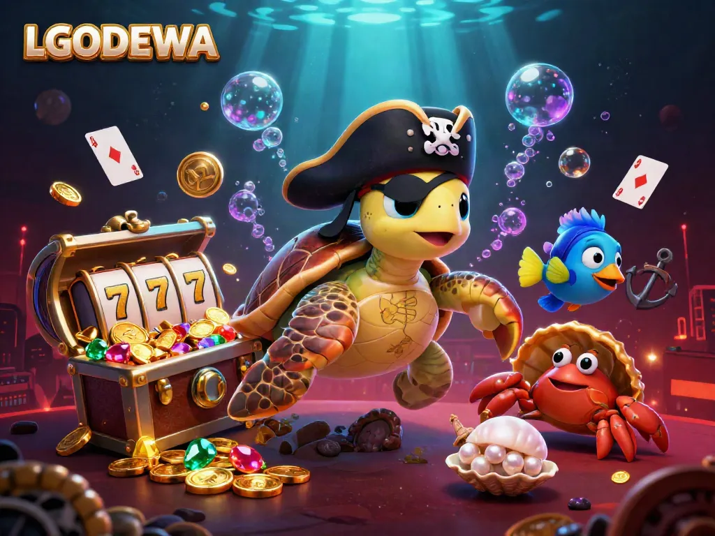Experience the thrill of LGODEWA with a vibrant underwater casino scene featuring colorful gems and treasures.