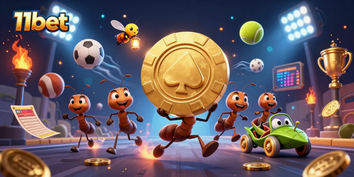 11bet showcases a team of ants heisting a massive poker chip amid vibrant sports betting elements.