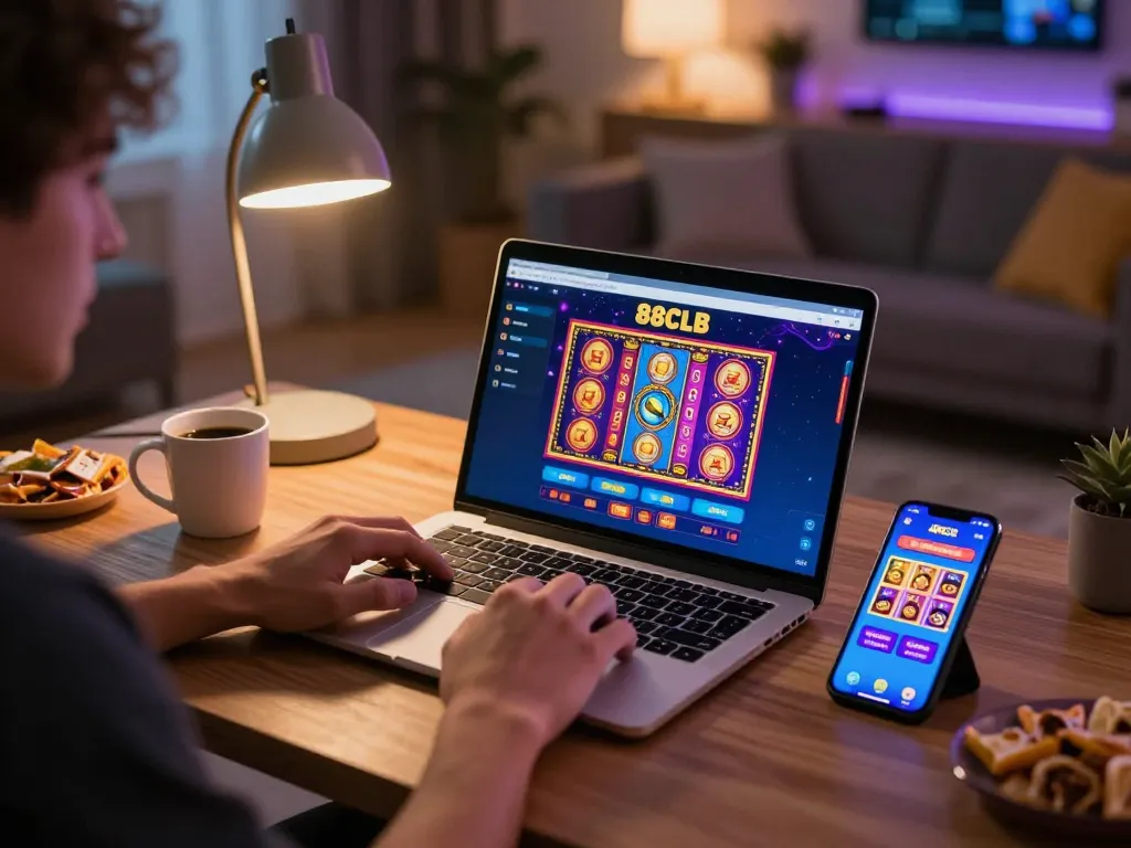 Engaging online gambling scene with a gamer exploring 88clbgo mobile app for exciting slot games