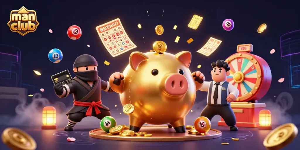 Engage in exciting gaming at the man club with vibrant slot-themed characters celebrating wins.