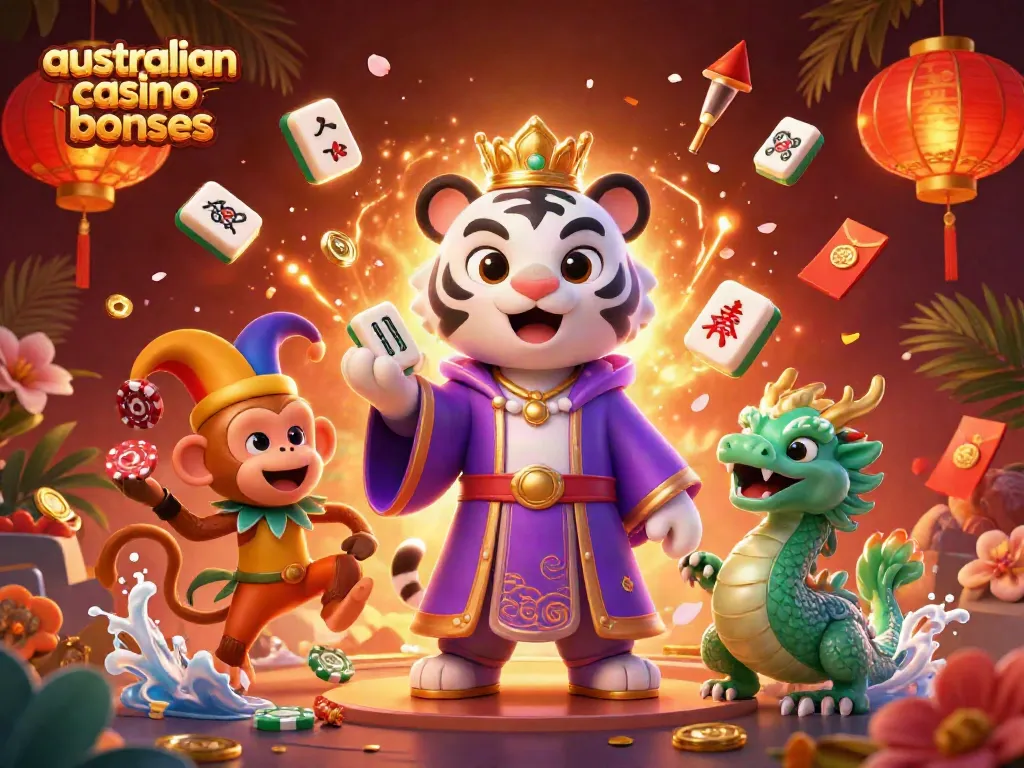 Experience the thrill with australian casino bonuses featuring a majestic white tiger, playful monkey, and jade dragon in vibrant 3D art.