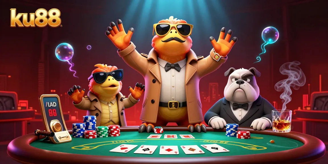 ku88 raptors amusingly trying to enter a casino lounge in a trench coat, showcasing poker elements.