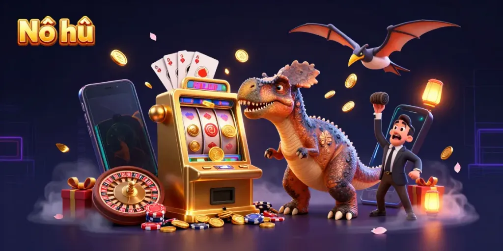 Nổ hũ jackpot scene with dinosaurs interacting with a golden slot machine while collecting coins.