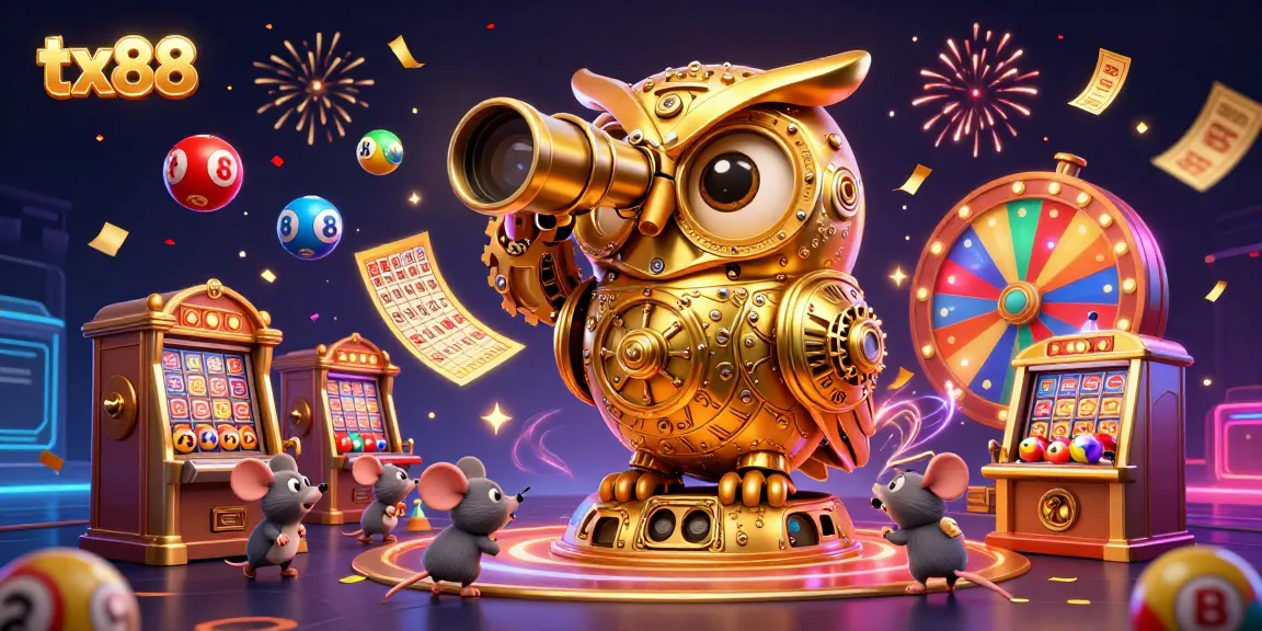 Experience gaming excitement at tx88 with a vibrant 3D casino scene featuring an owl and lucky charms.