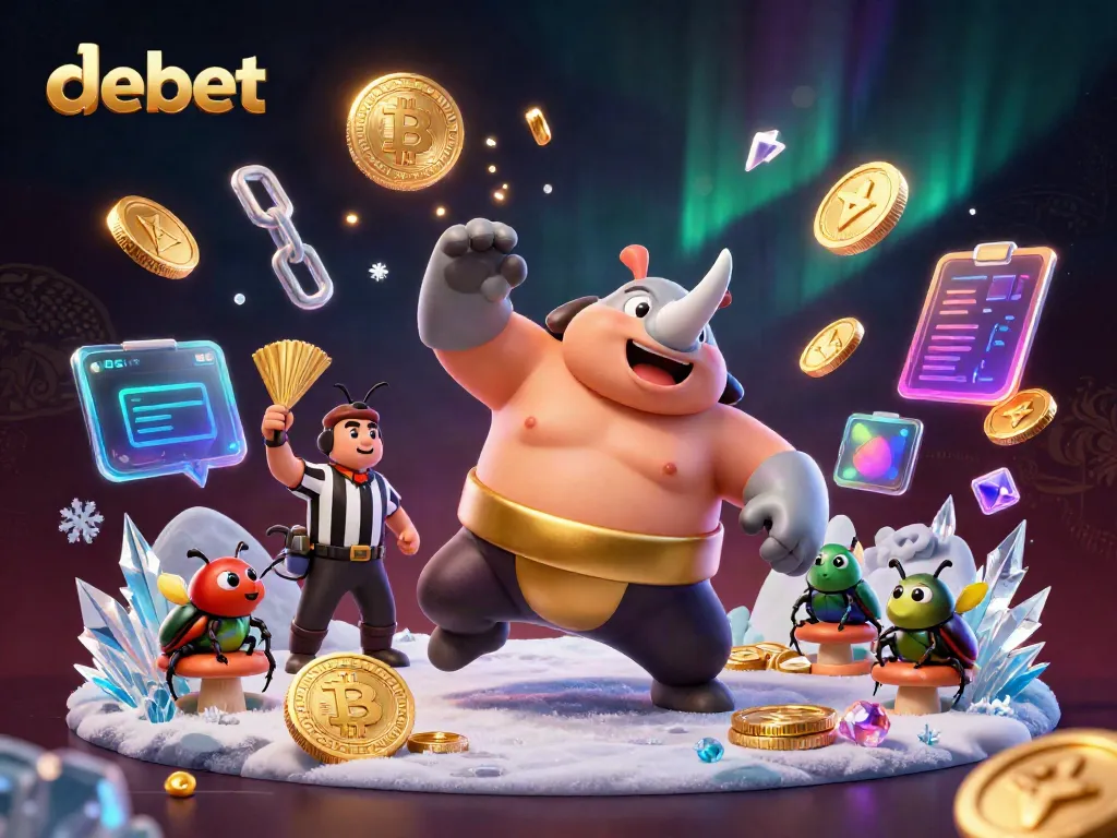 Experience the thrilling casino atmosphere at Debet with cartoon beetle champions and crypto coins flying.