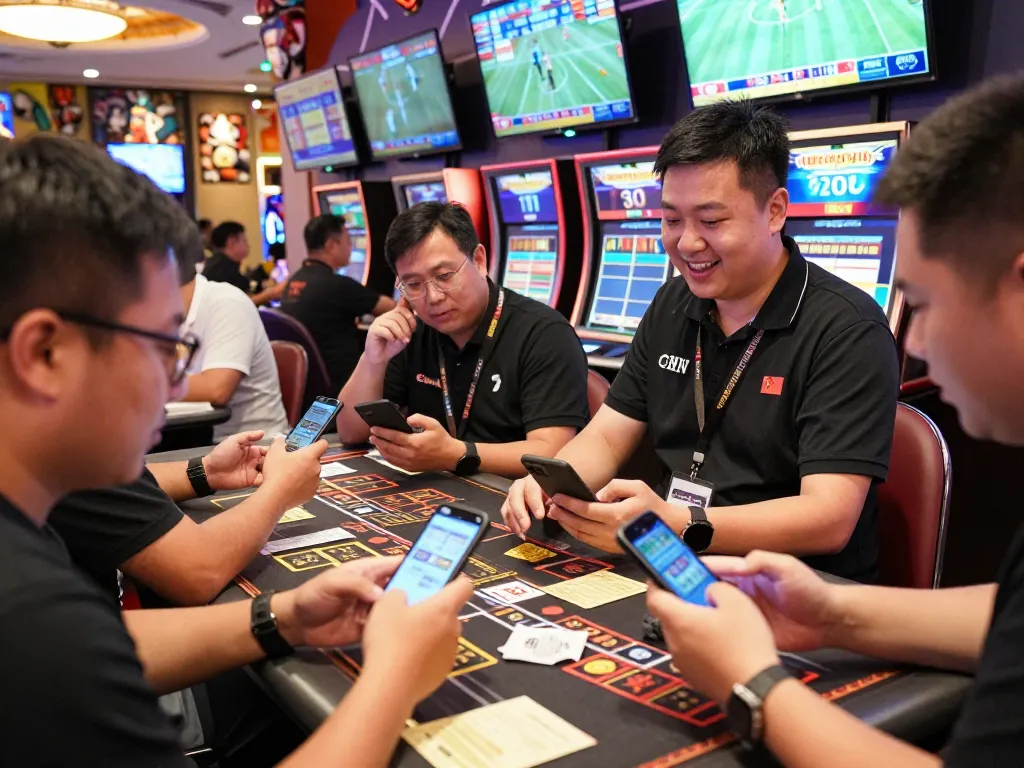 Engaged sports bettors placing wagers at cm88 with live screens showing ongoing matches, vibrant casino atmosphere.