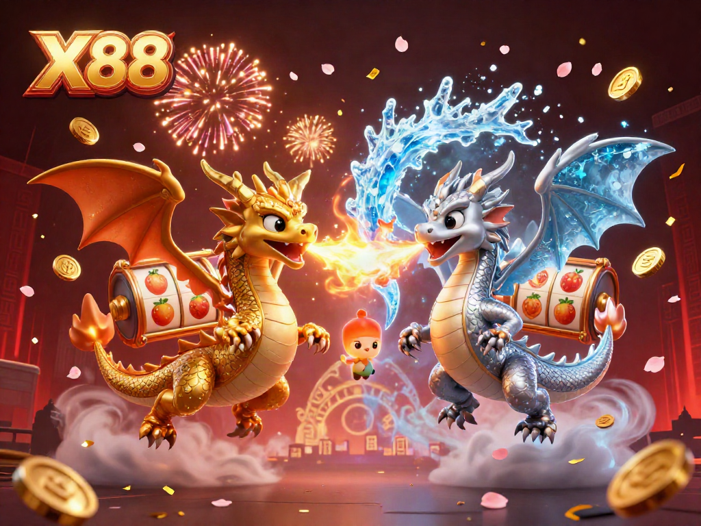 X88 celebrates vibrant casino gaming with golden and silver dragons amidst playful slot elements and bursting fireworks.