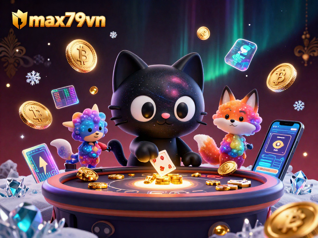 Experience thrilling wins with max79vn at a vibrant cosmic casino table featuring unique characters and digital elements.