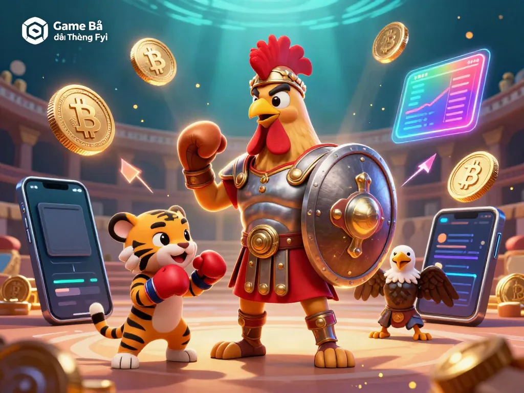 Engage in online gaming with the lively characters in Game Bài Đổi Thưởng Fyi surrounded by vibrant crypto elements.