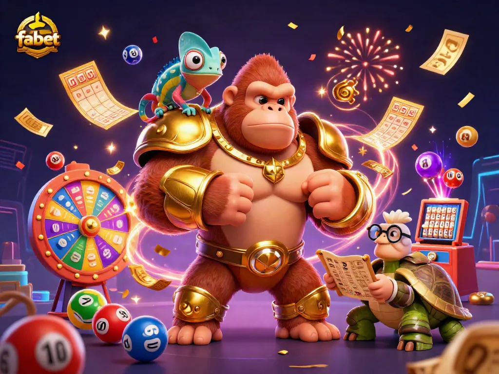 Join the fabet adventure with a gorilla king, chameleon spy, and tortoise elder amidst colorful gambling elements.