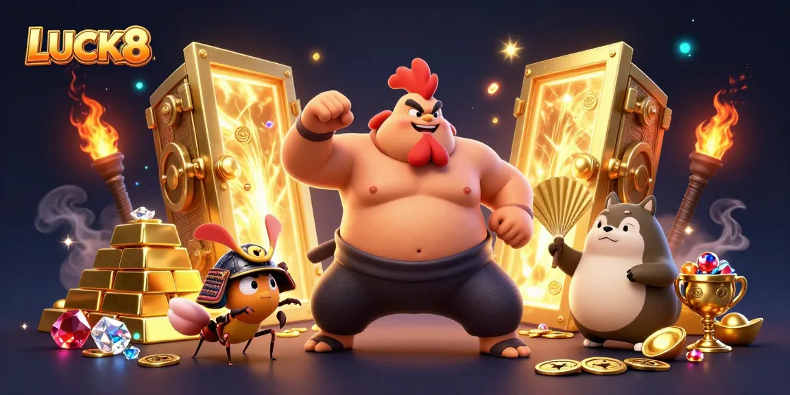 LUCK8 entertains players with a dynamic casino scene featuring a powerful sumo rooster and assorted gambling treasures.