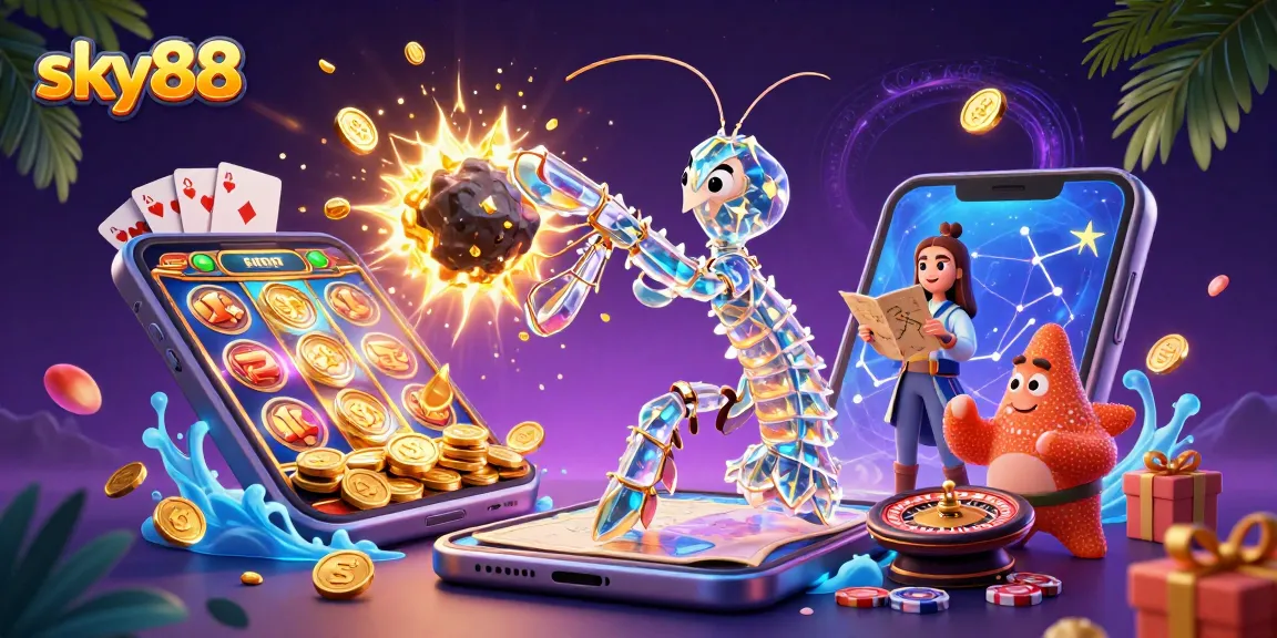 Win big with sky88's vibrant 3D casino scene featuring a galactic samurai mantis shrimp!