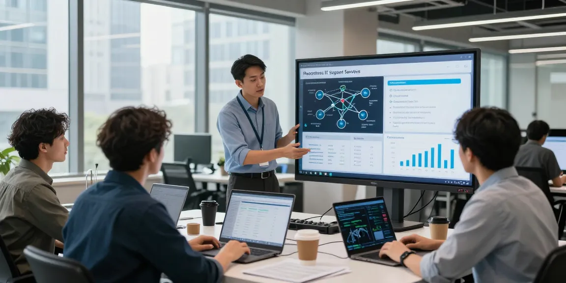 Dynamic team discussing small business IT support services in an urban office.