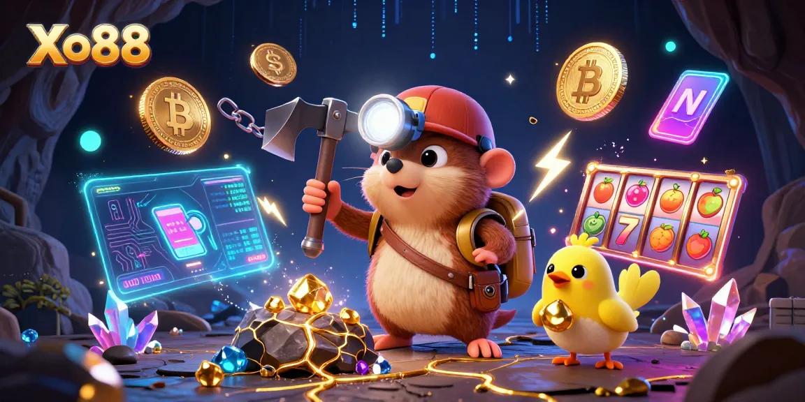 Xo88 captivates players with a treasure hunter mole mining gold and crypto in an immersive casino scene.