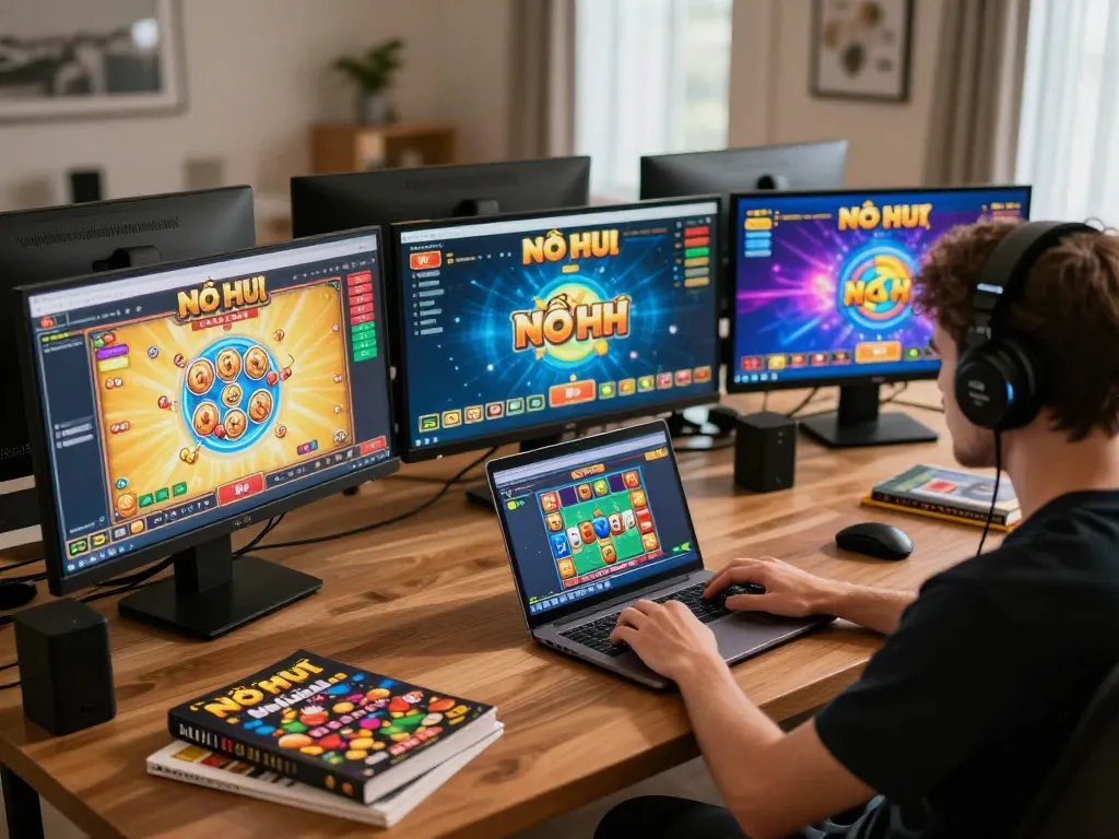 Nổ Hũ gameplay in a stylish home office with multiple monitors and cozy ambiance.