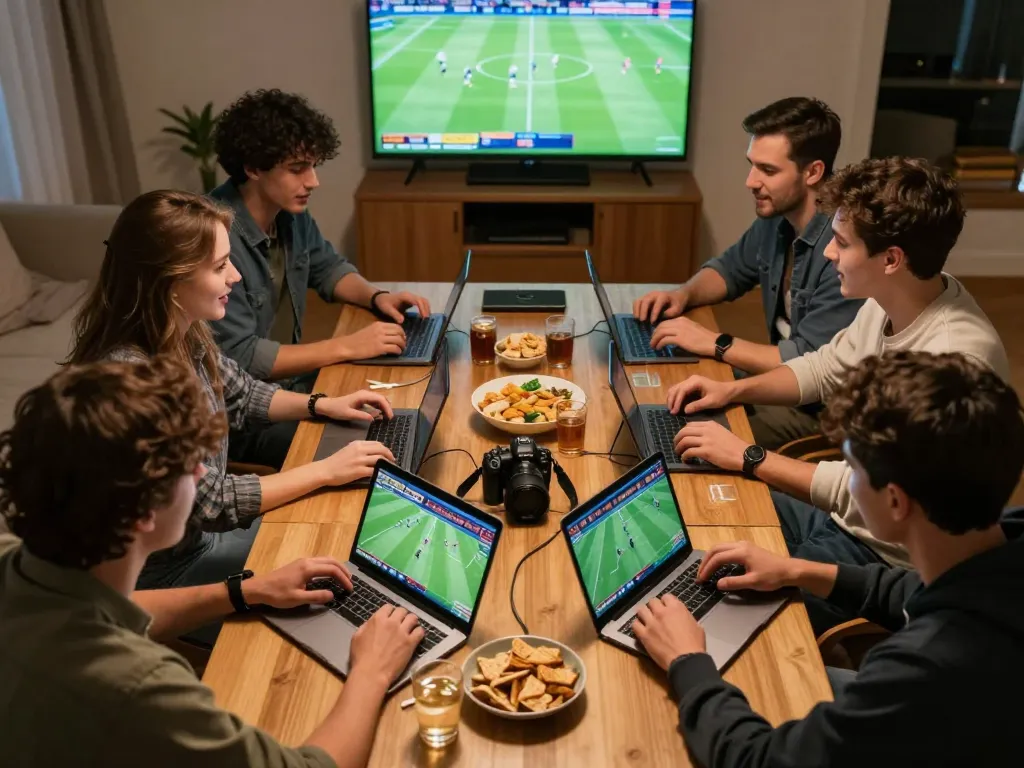Bongdallu users engaged in sports betting excitement at home, placing bets on devices during a game.