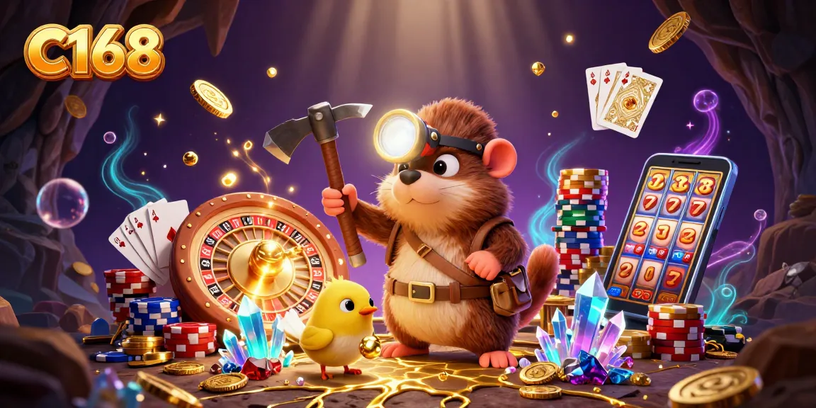 C168 players winning big with a treasure hunter mole and vibrant casino elements in a dynamic scene.