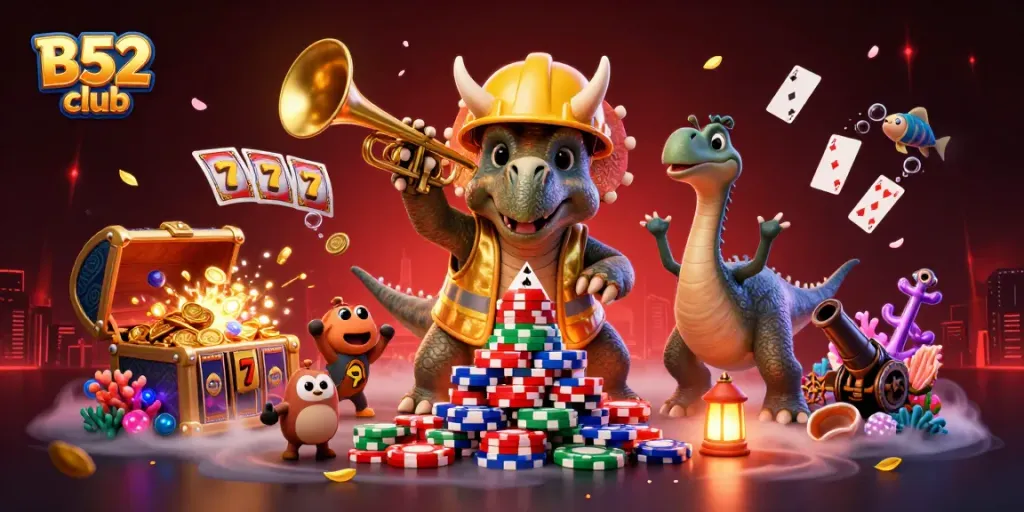 B52 club showcases a dynamic scene with characters celebrating amidst floating slot reels and poker chips.