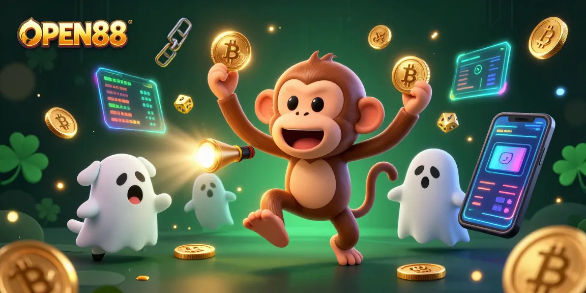 Experience thrilling fun at OPEN88 with a playful poltergeist monkey juggling coins in a vibrant casino.