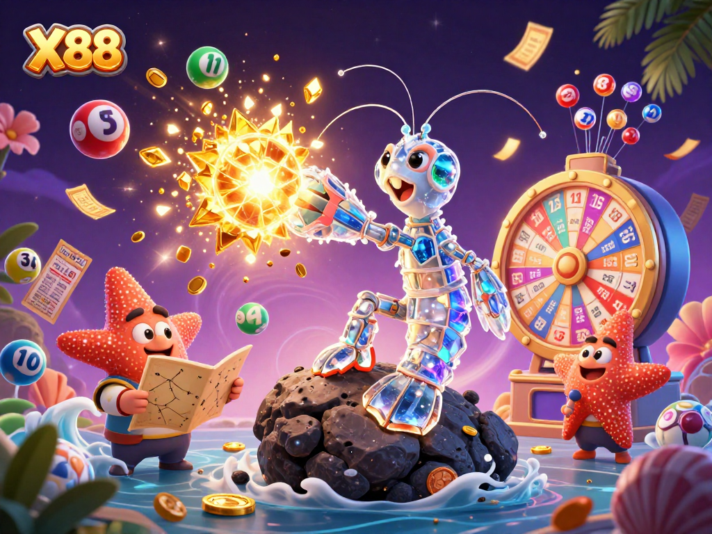 X88 attracts players with vibrant golden gems and colorful lottery elements in a dynamic casino scene.