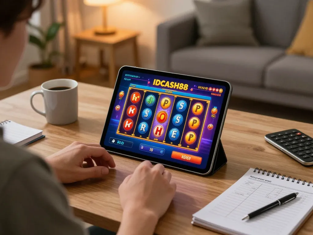Engaging with IDCASH88 Slot game on a tablet at home while planning winning strategies