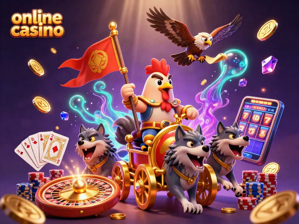 Slot machine e casinò online in un'illustrazione vivace con un gallo guerriero.