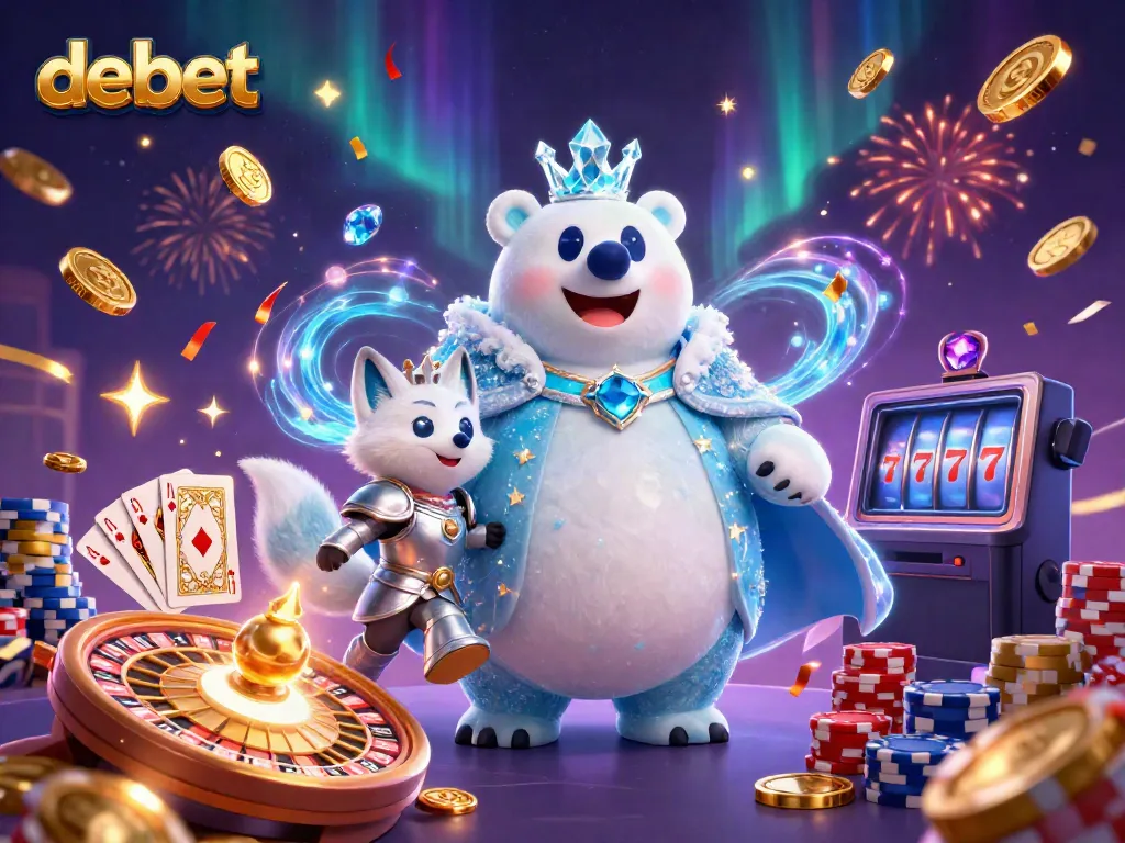 Engaging debet-themed scene showcasing the ice king polar bear and snow fox among casino games.