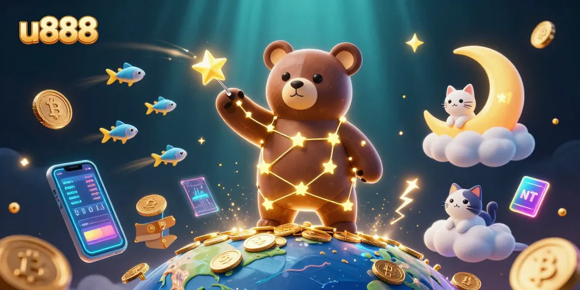 Experience the thrill of u888 with golden coins and vibrant characters in a cosmic casino world.