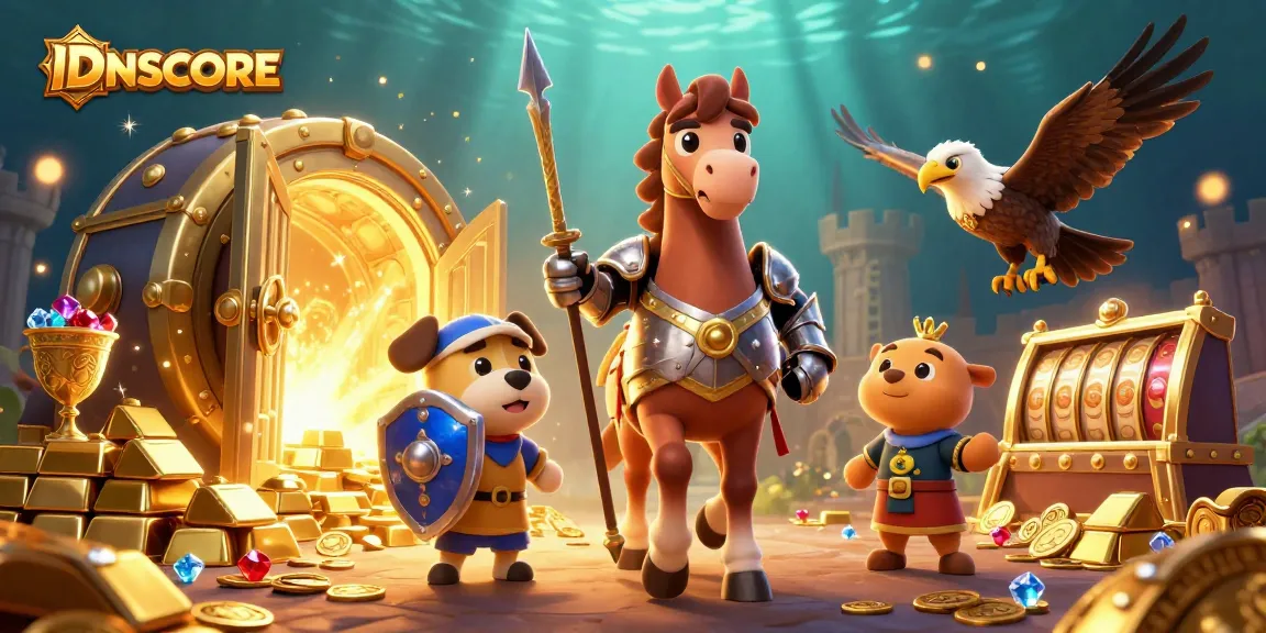 Experience thrilling slots with IDNSCORE while surrounded by treasure and adventure in a vibrant 3D scene.