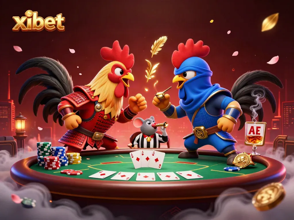 Experience thrilling battles at xibet with cartoon fighting roosters and poker elements in a dynamic casino scene.