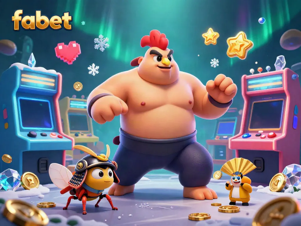 Fabet casino presentation featuring sumo, cricket, and tanuki characters in a vibrant game scene