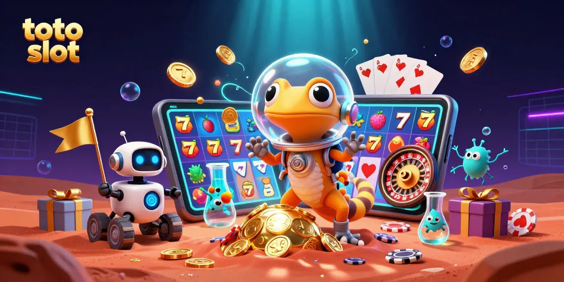 Experience the thrilling world of toto slot with a cartoon Martian gecko discovering an ancient golden casino.