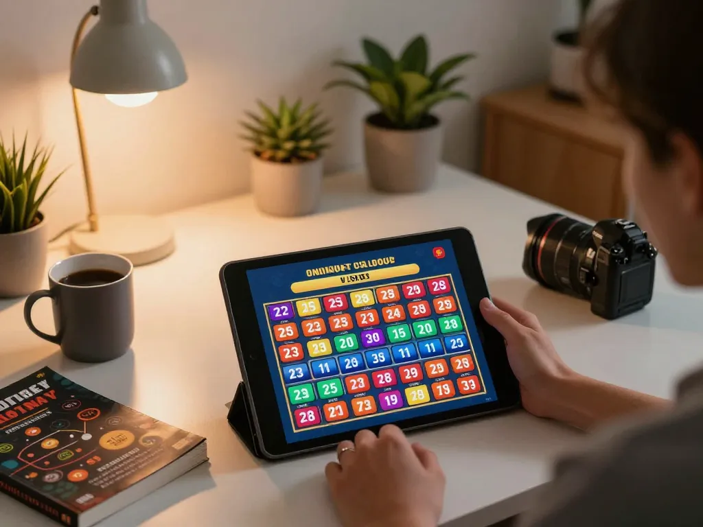 Engaging in đánh lô online from home, a player selects numbers on a tablet with a cozy atmosphere.