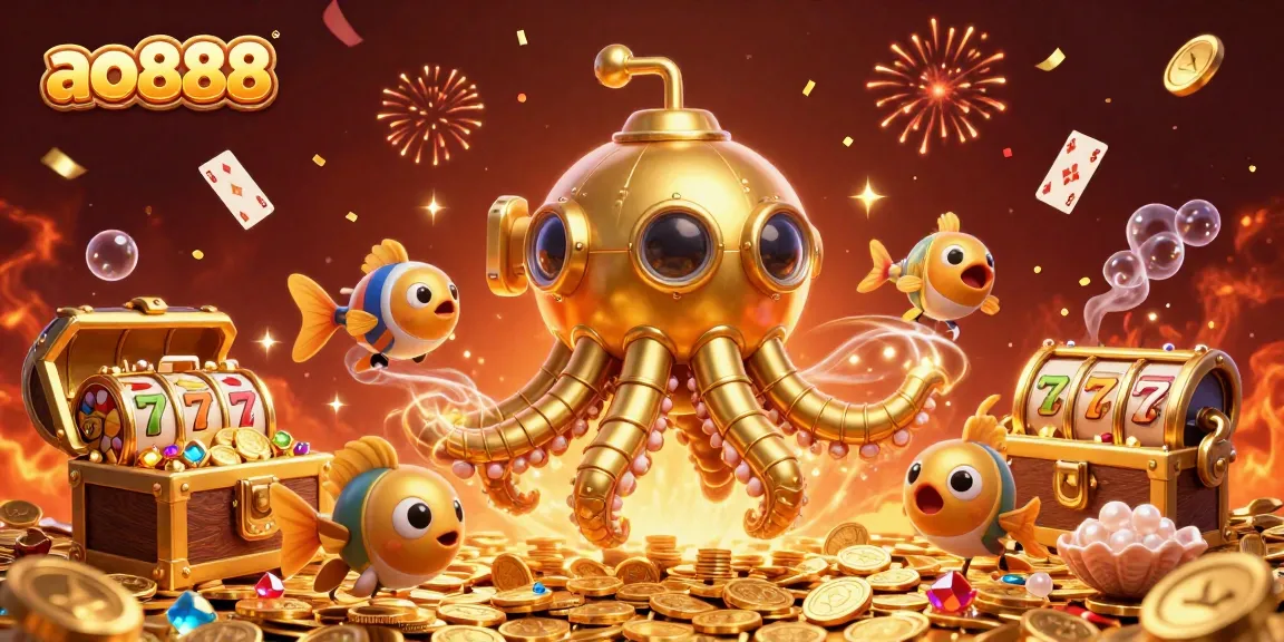 Experience the excitement of ao888 with a golden kraken submarine amidst gold coins and vibrant casino elements.