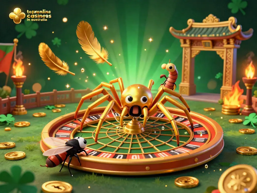 Engaging scene of a golden spider and centipede croupier in the top online casinos in australia, showcasing a roulette wheel web and dynamic elements.