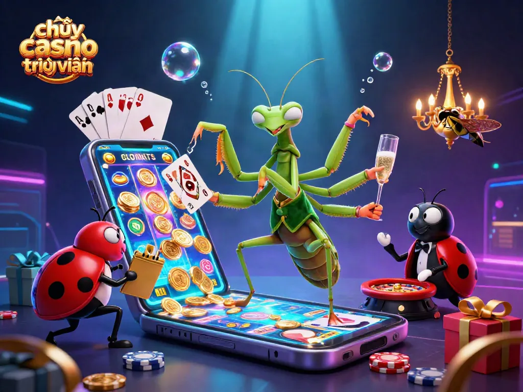 Chơi casino trực tuyến với bọ ngựa khổng lồ và sếp bọ dâu trong một sòng bạc 3D đầy màu sắc